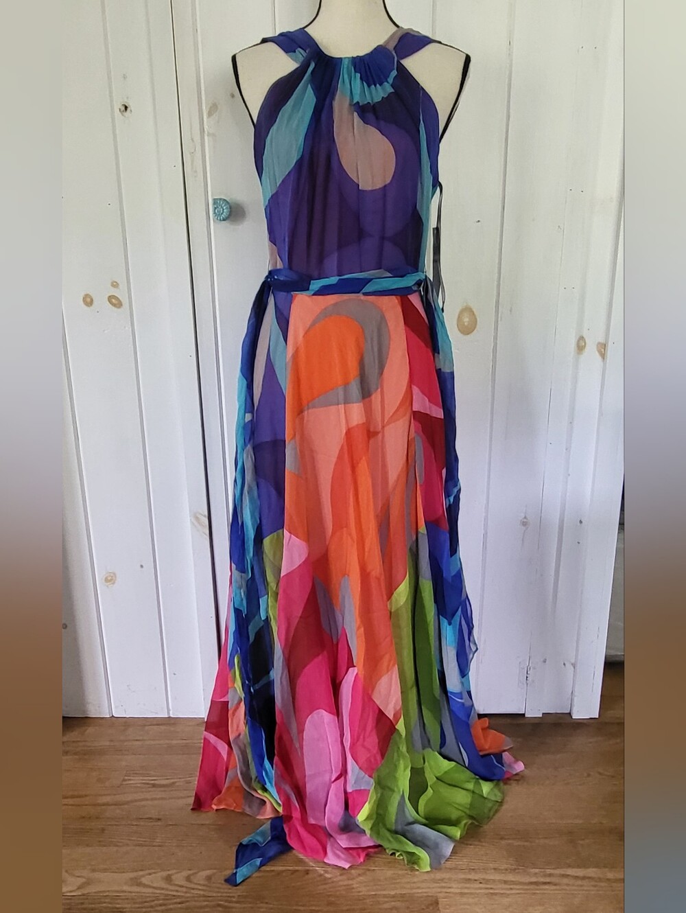 Muse Silk Vibrant Sleeveless Multicolored Retro Maxi Dress